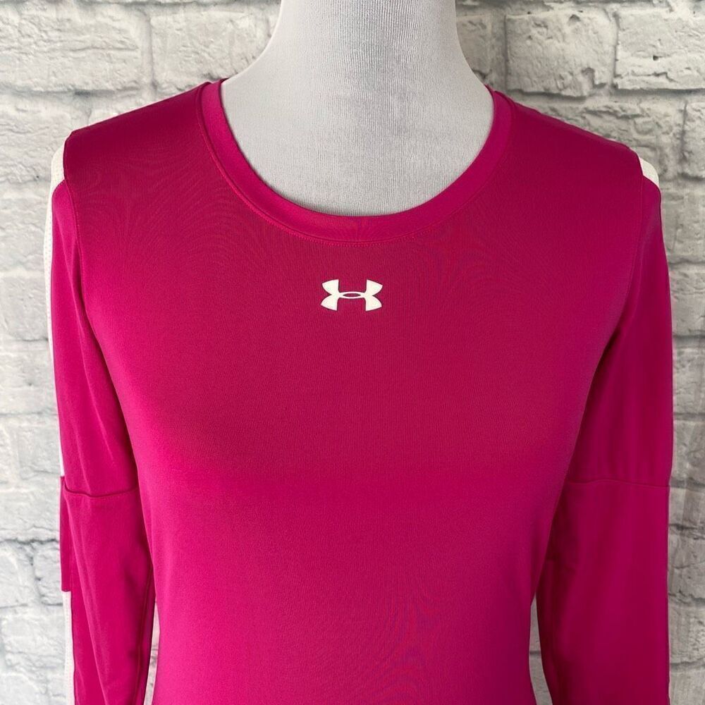 Under armour women XS fitted heat gear Longsleeve scoopneck top pink/white - Picture 4 of 10